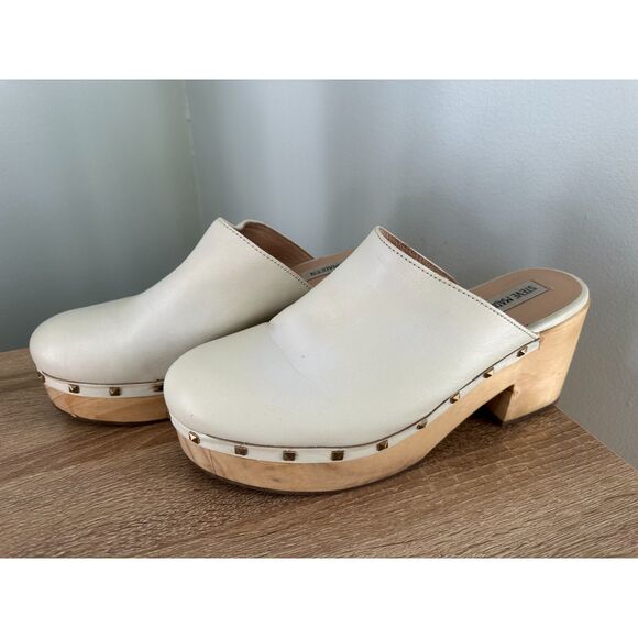 Steve Madden Women's Clog Mule White Leather Low Platform Block Sandal size 10 - Picture 1 of 12